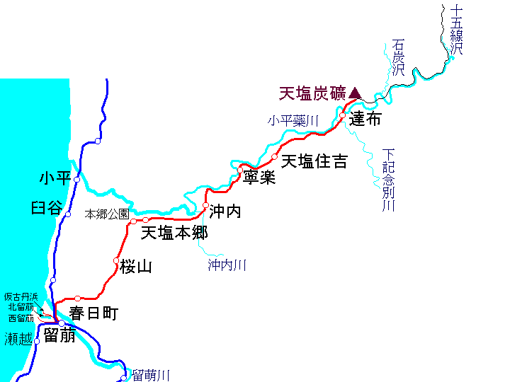 天塩炭礦鉄道及び小平森林鉄道路線図