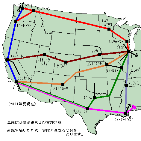 アメリカ西部のアムトラック運行図