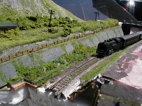 ボタ山の切り通しを行く蒸機列車